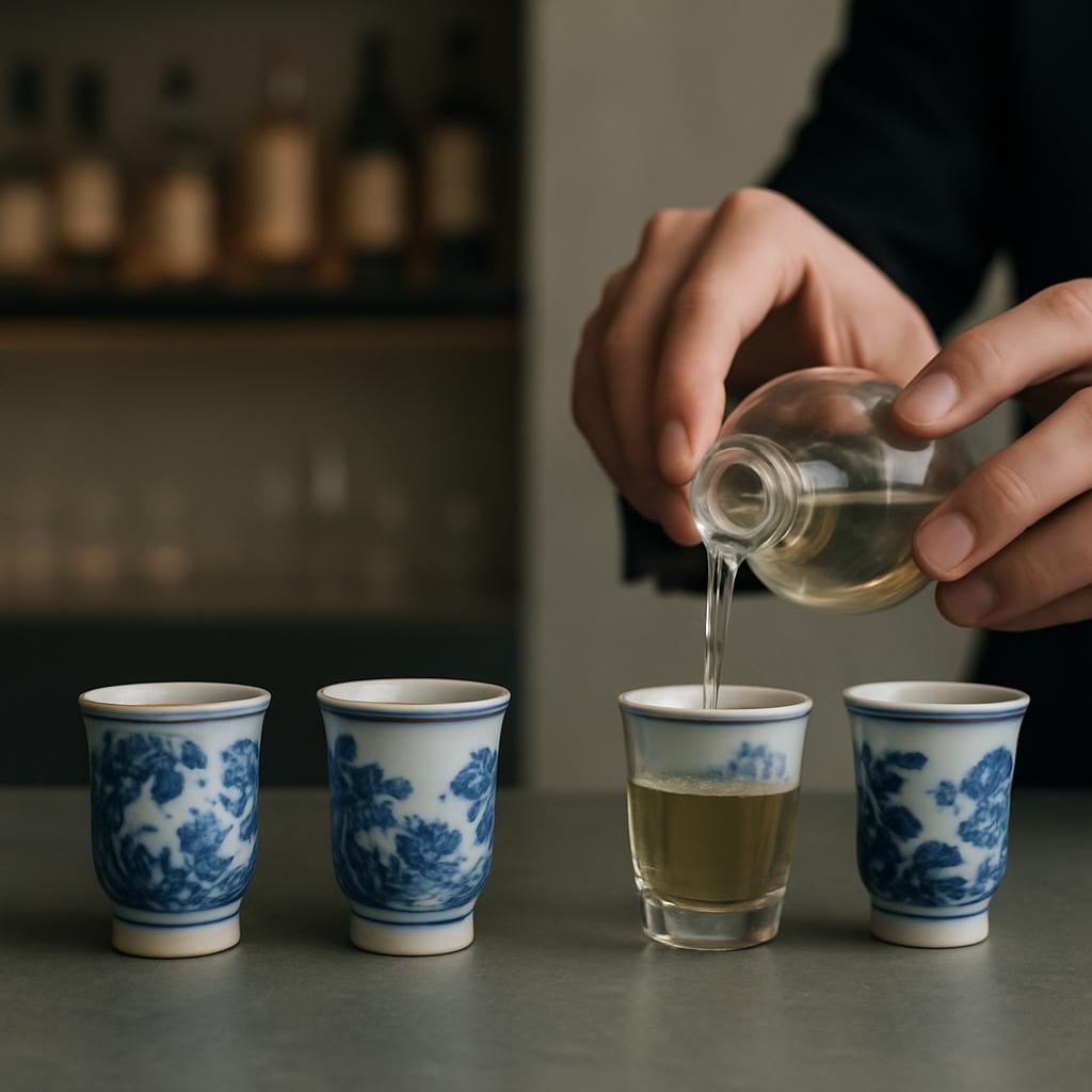 —a man in a black jacket prepares to pour clear liquid into multiple small blue and white shot glasses.