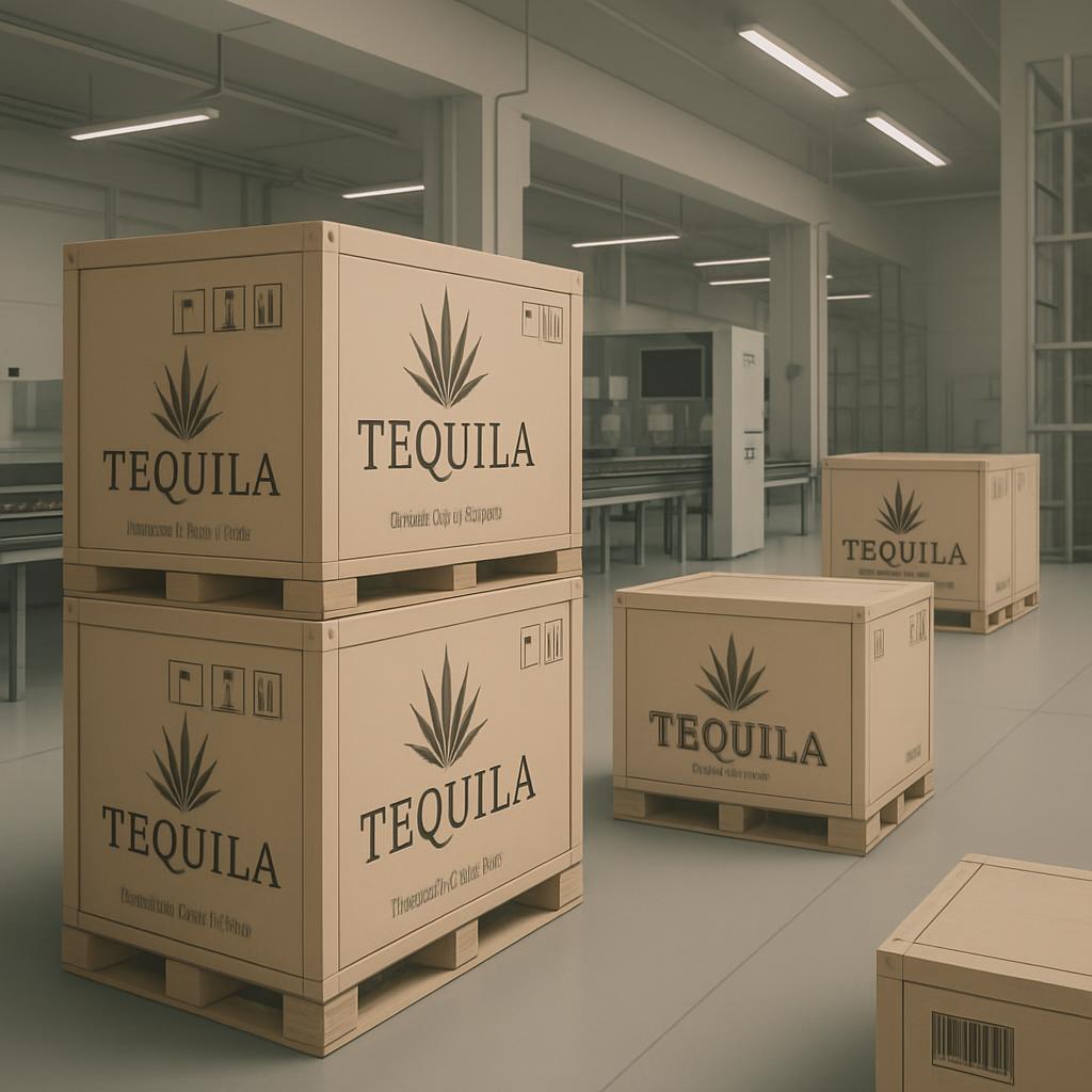 Warehouse with stacked wooden palletized tequila boxes. A faint Tequila logo appears on them.