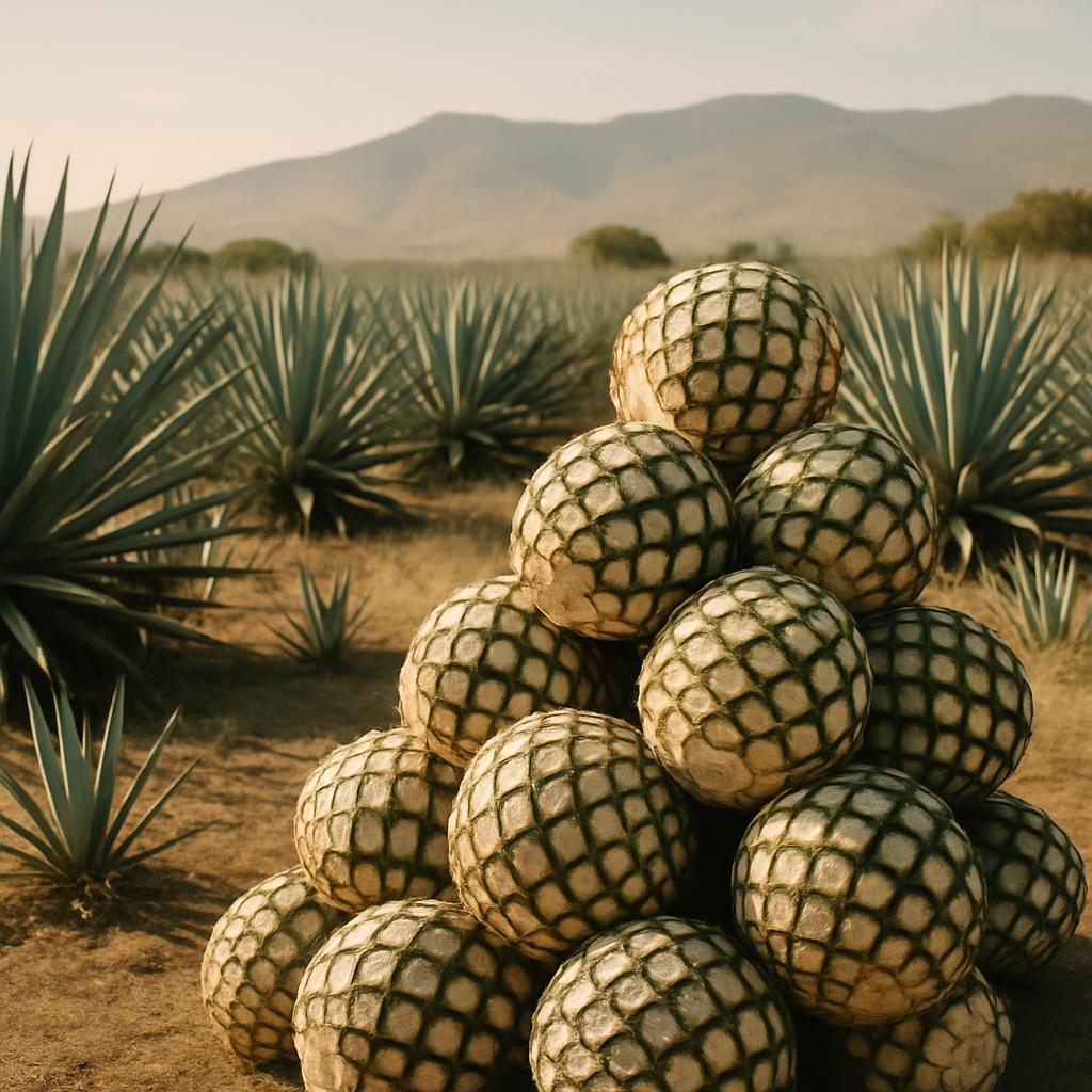 alt text: Pile of harvested agave wrapped in plastic with desert landscape in the background.