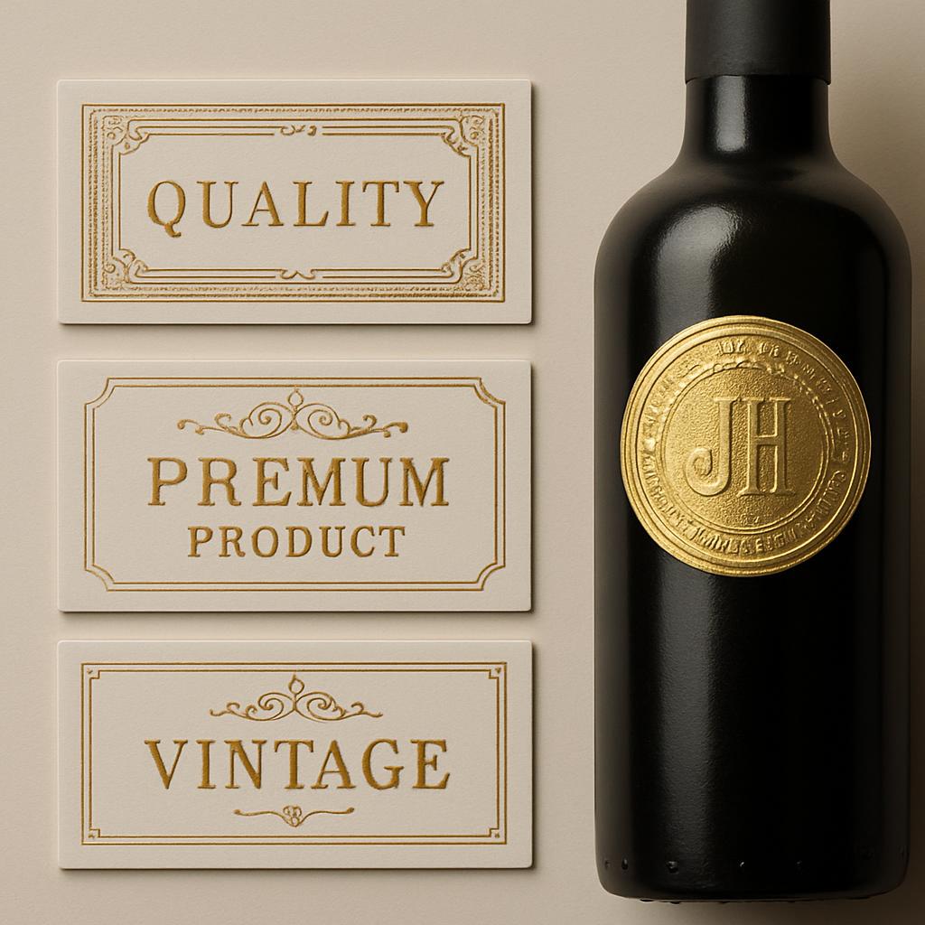 Three cream and gold labels next to a matte black wine bottle with a gold label. The top label says "Quality", the middle ...