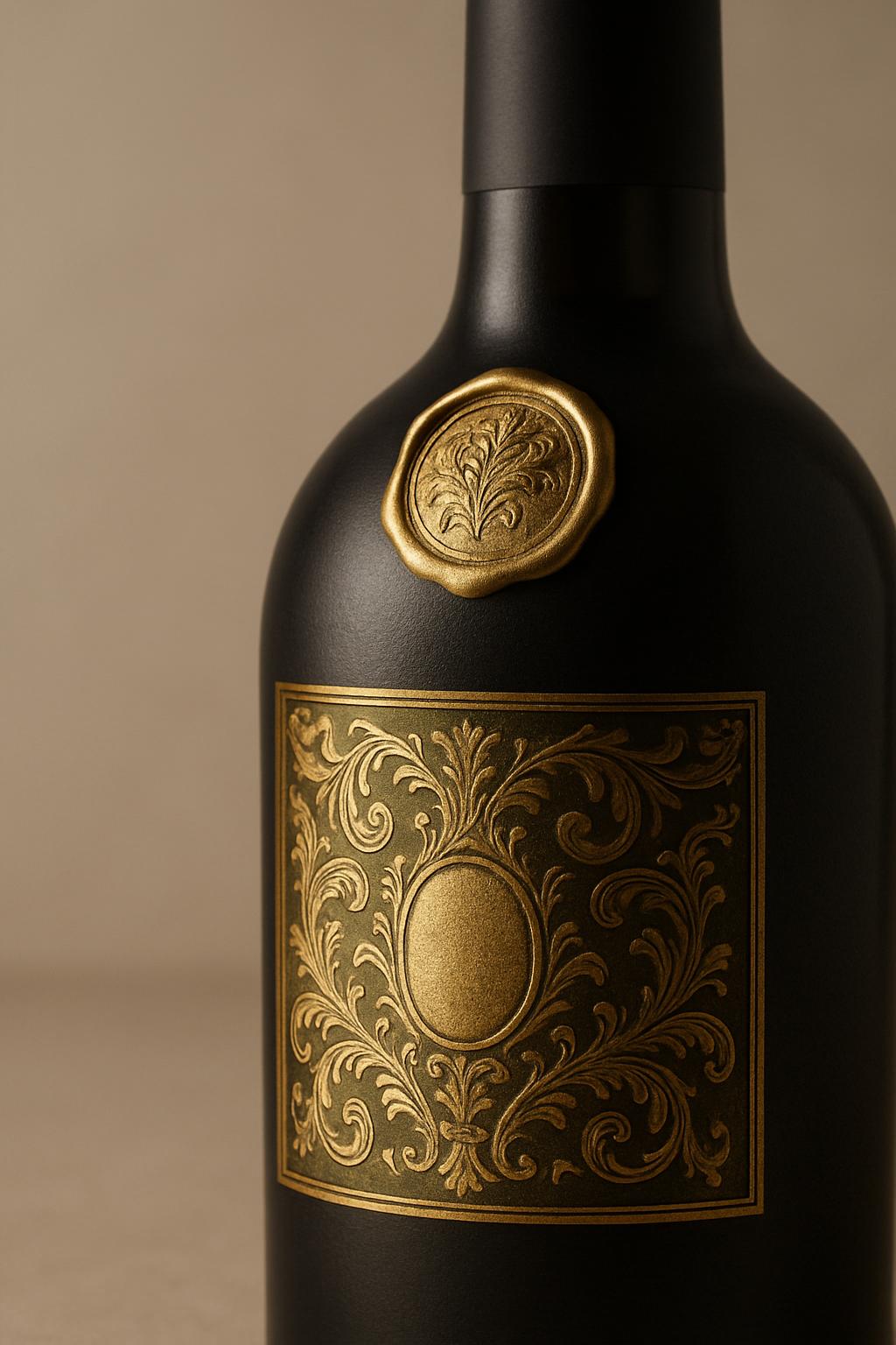 A bottle of wine with a label and embossed gold seal.