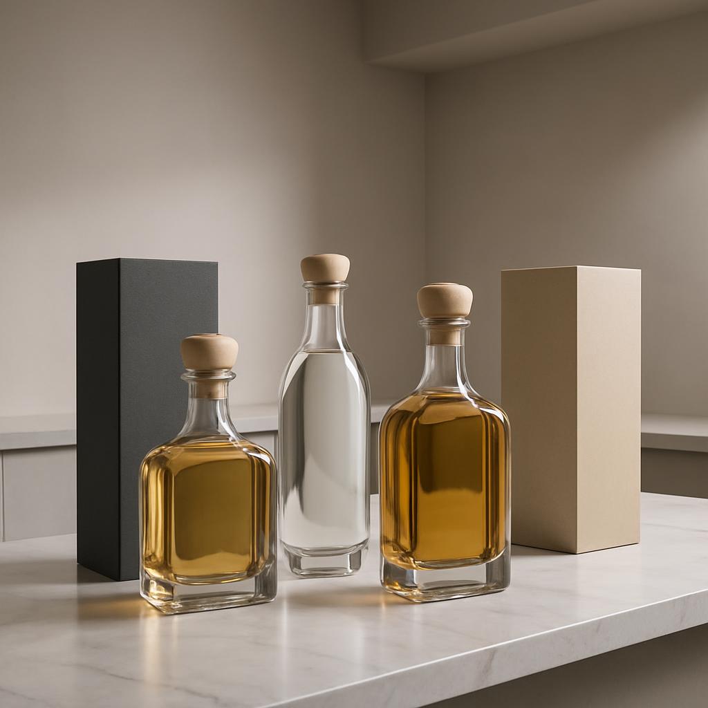 Three glass bottles with carafe-shaped stoppers in various sizes and amber, clear, and water-like liquids on a marble coun...